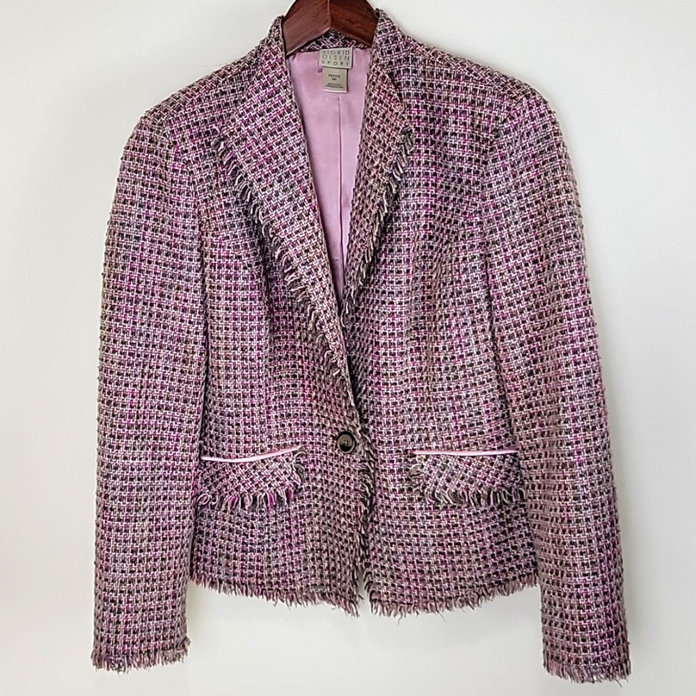 Sigrid Olsen Tweed Frayed Hem Blazer color pink size 8 petite